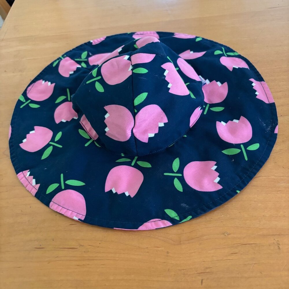 iPlay Brim/Sun Hat Toddler Girls Navy/Pink Tulips Ages 2-4 SPF 50+